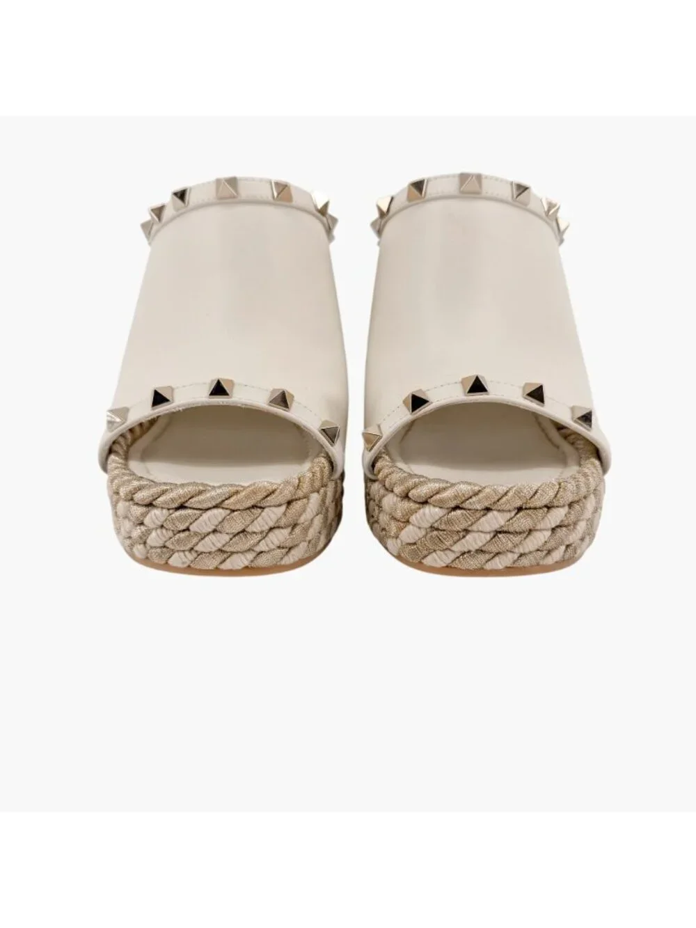 Valentino Rockstud Torchon Espadrille Wedge Sandals White Leather Size 39 US 9